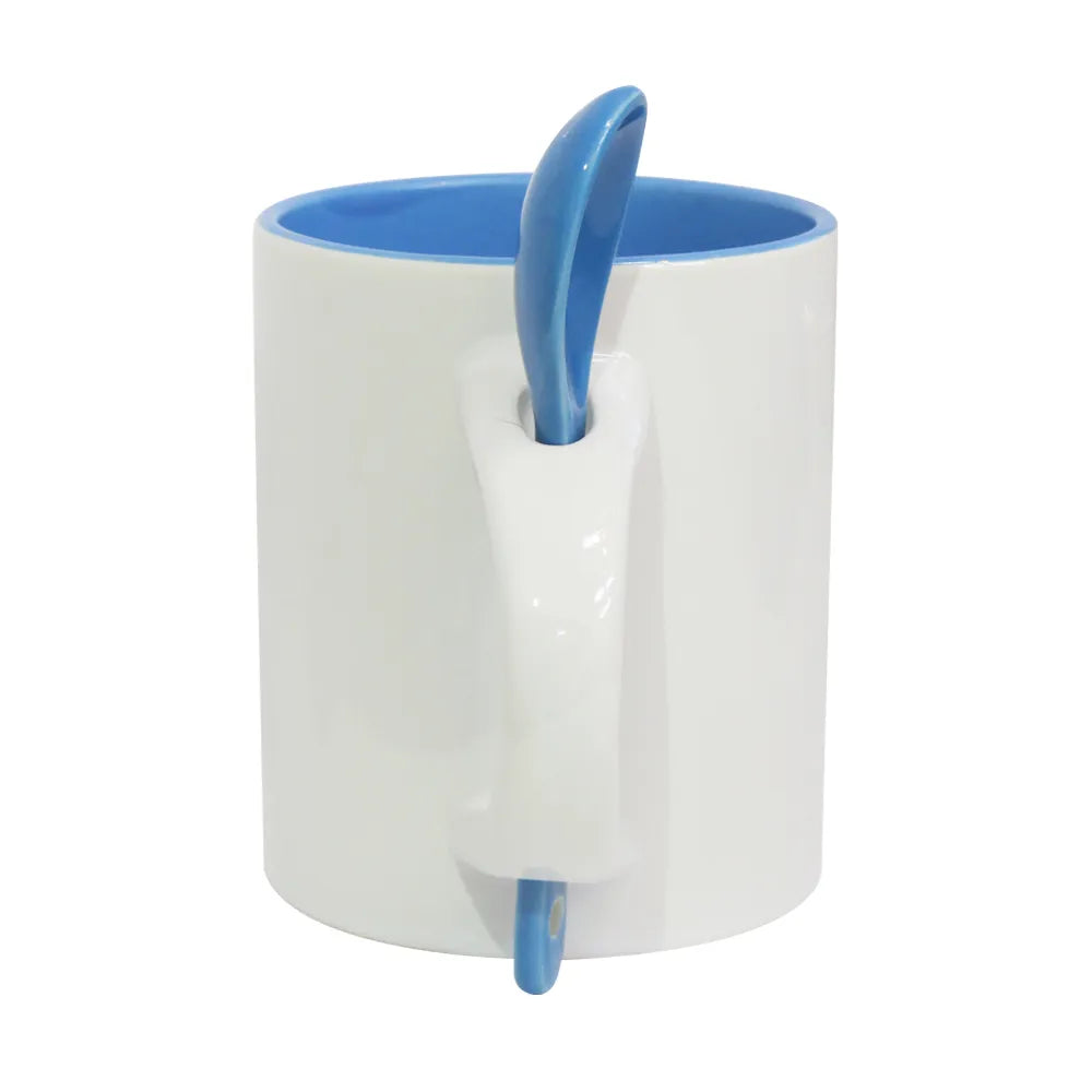 Caneca Reta de Cerâmica Branca com Interior Azul e Colher 325ml para Sublimação