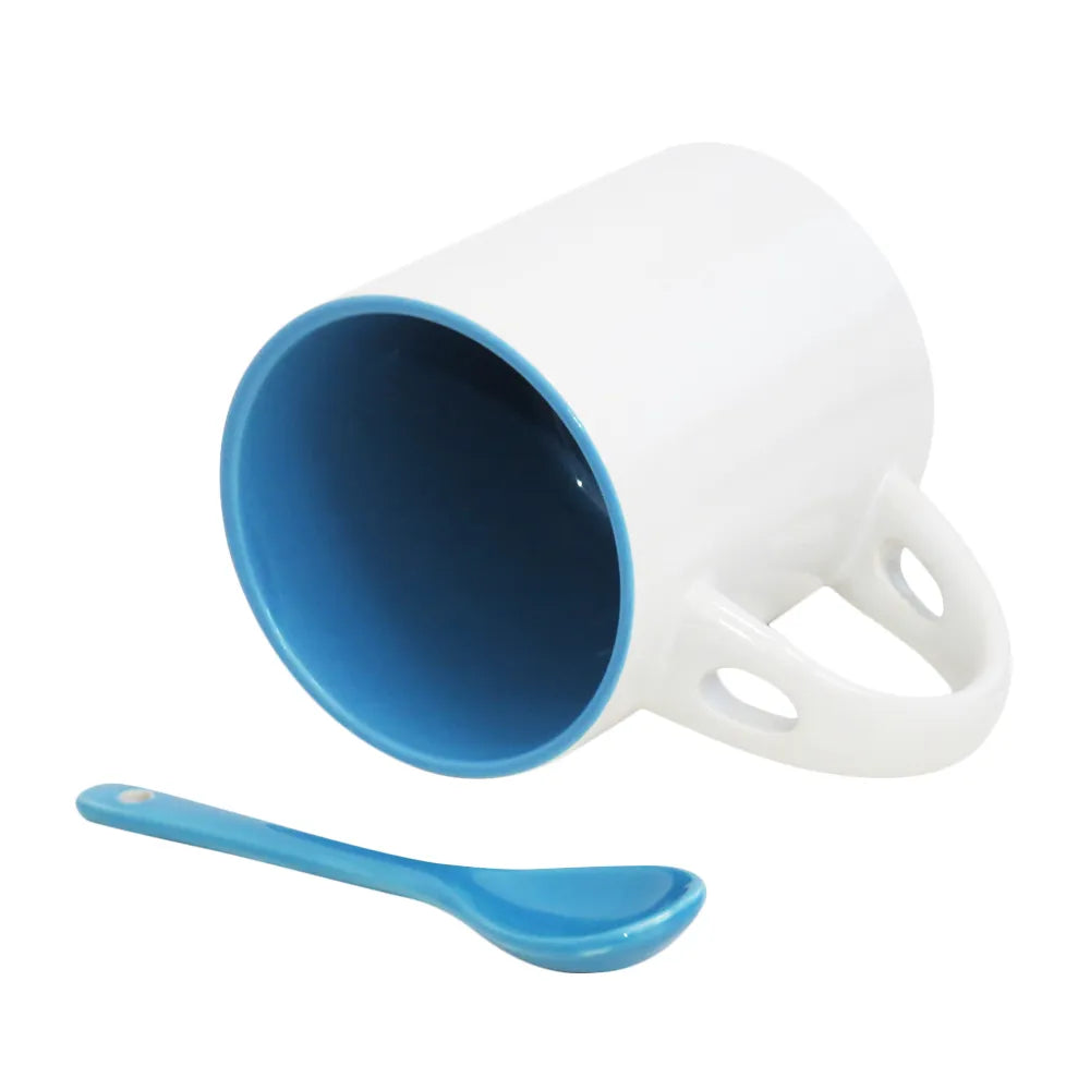 Caneca Reta de Cerâmica Branca com Interior Azul e Colher 325ml para Sublimação