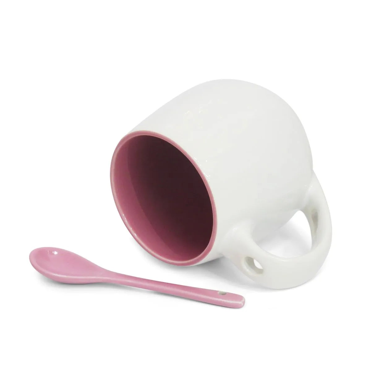 Caneca de Cerâmica Branca 295ml com Colher Rosa para Sublimação