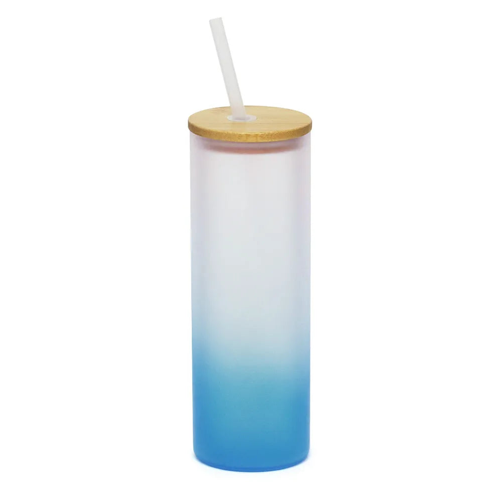 Glass Tumbler 550ml Light Blue Gradient with Bamboo Lid and Straw for Sublimation