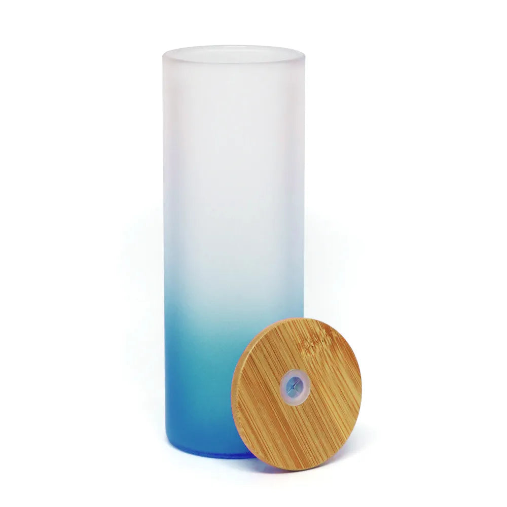 Glass Tumbler 550ml Light Blue Gradient with Bamboo Lid and Straw for Sublimation