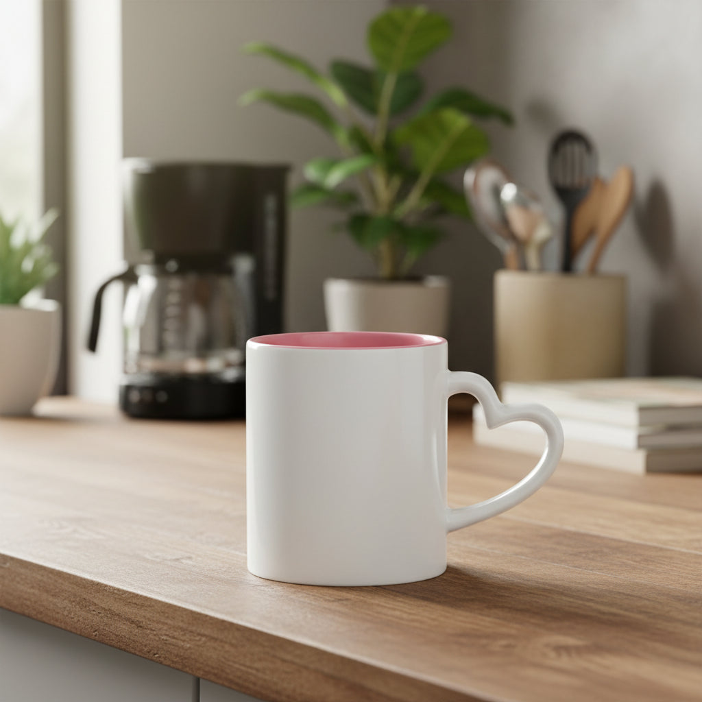 Caneca de Cerâmica Branca 325ml com Alça Coração Rosa para Sublimação