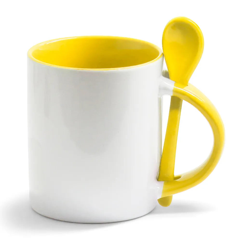 325ml Ceramic Mug with Spoon and Yellow Interior for Sublimation LiVE
