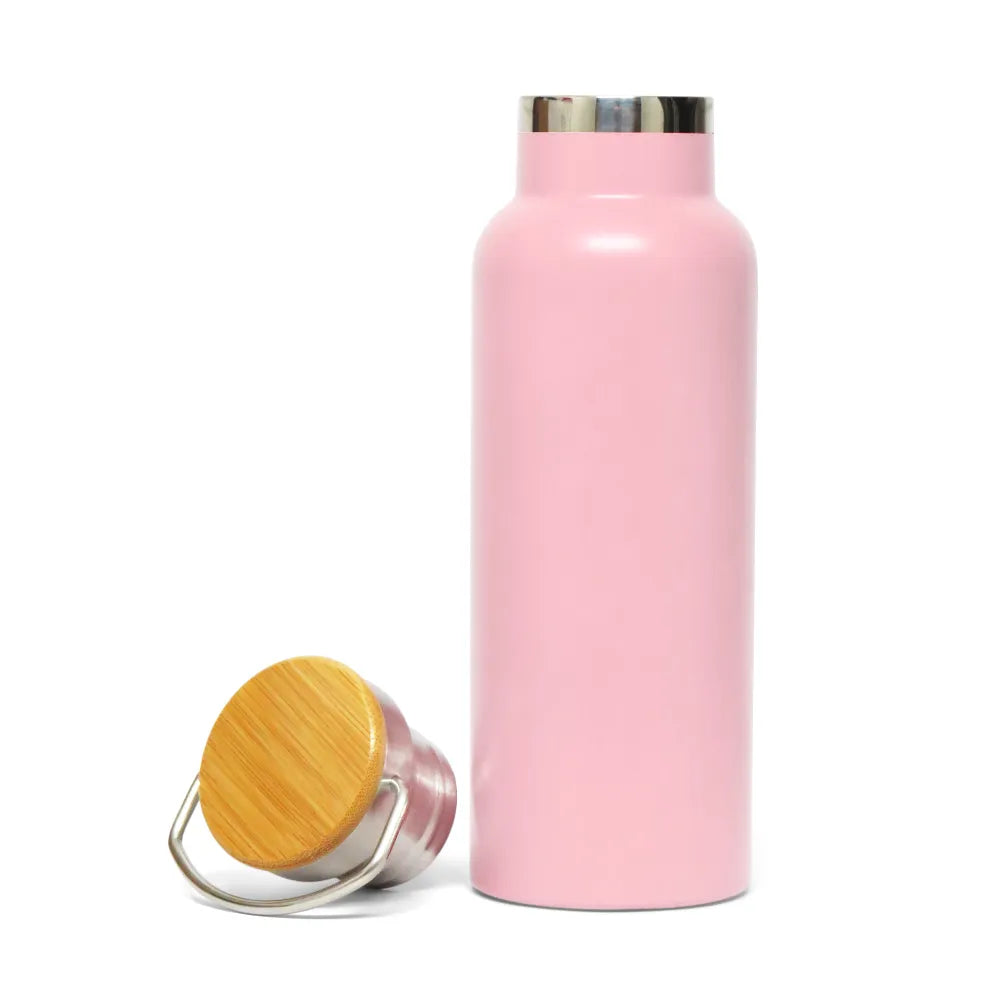 Garrafa Térmica Inox 500ml Rosa Claro com Tampa de Bambu para Sublimação