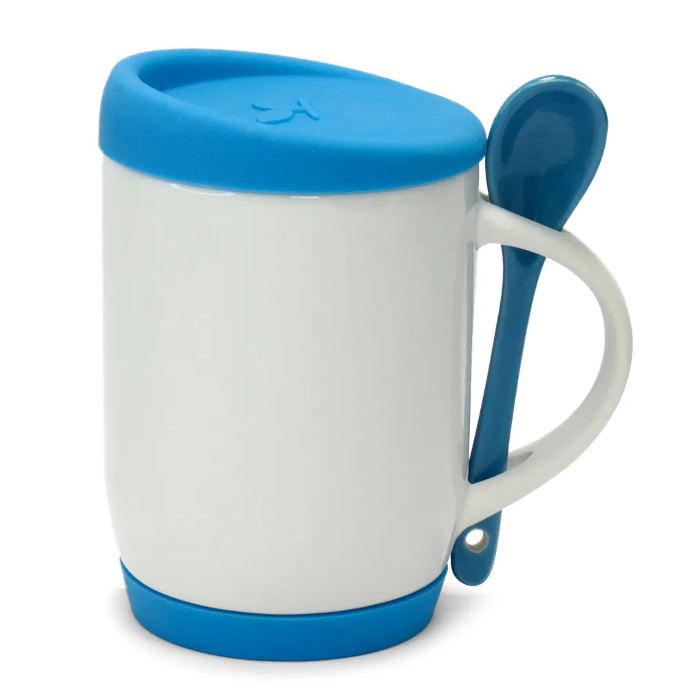325ml Ceramic Mug with Spoon, Lid, and Light Blue Soft Handle for Sublimation