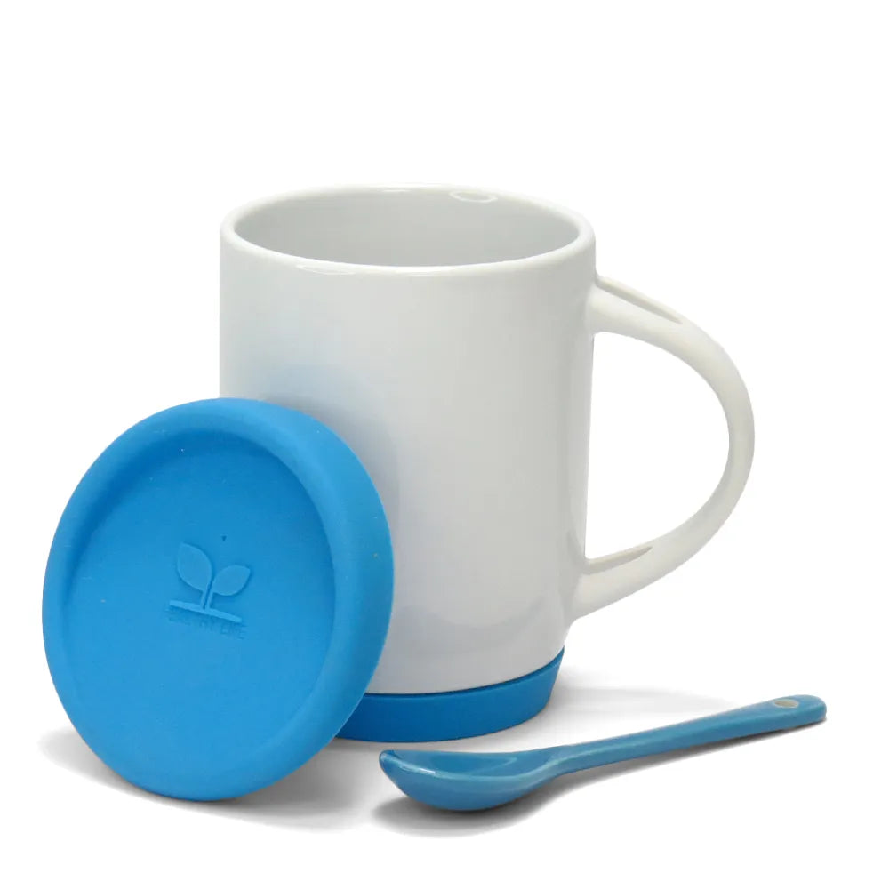 325ml Ceramic Mug with Spoon, Lid, and Light Blue Soft Handle for Sublimation