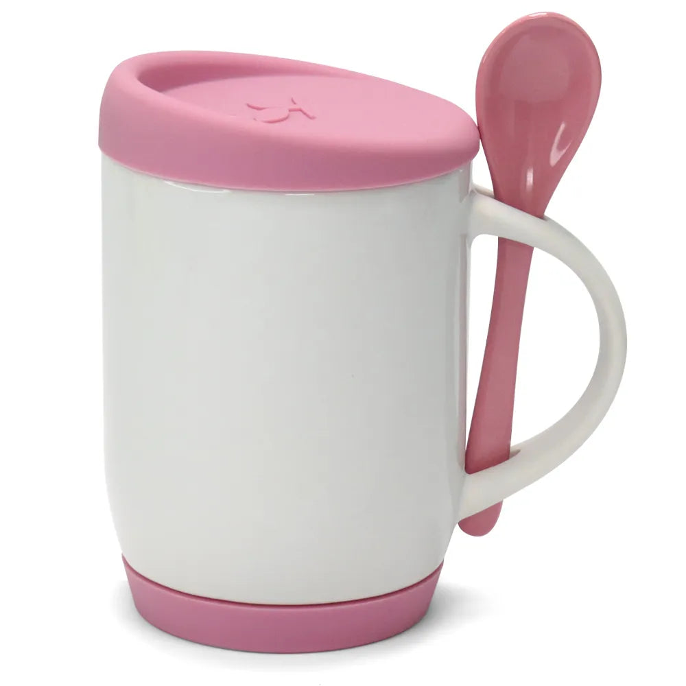 Caneca de Cerâmica Branca 325ml com Colher e Tampa Rosa para Sublimação