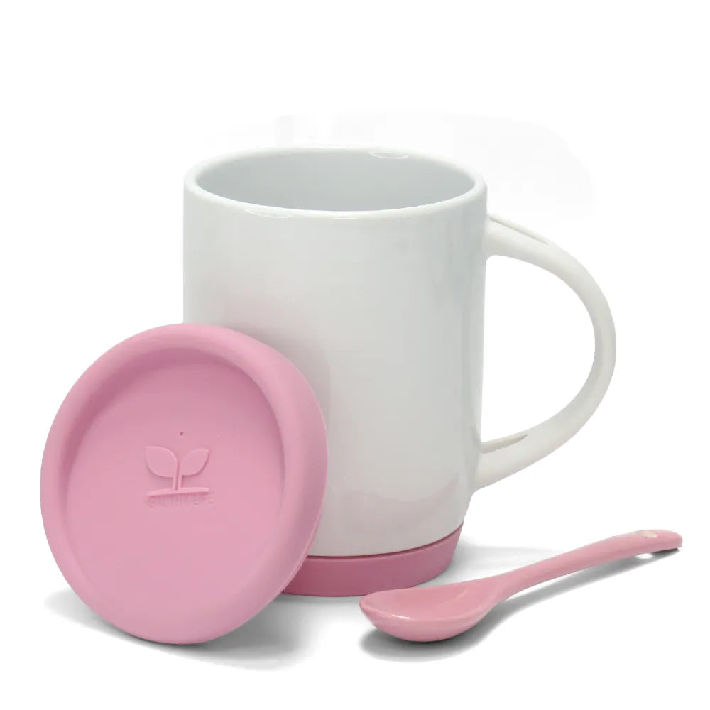Caneca de Cerâmica Branca 325ml com Colher e Tampa Rosa para Sublimação