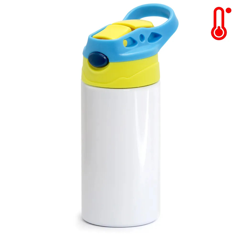 Garrafa Inox Sport Pop 350ml Branca com Tampa Amarela e Azul Claro