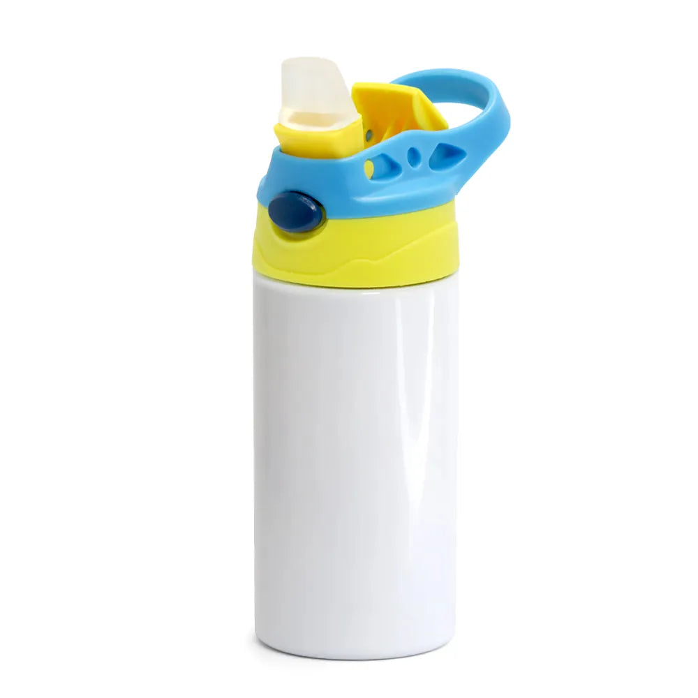 Garrafa Inox Sport Pop 350ml Branca com Tampa Amarela e Azul Claro