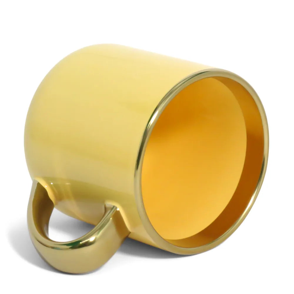Caneca Cerâmica Amarela Imperial 400ml com Interior e Alça Dourada para Personalização
