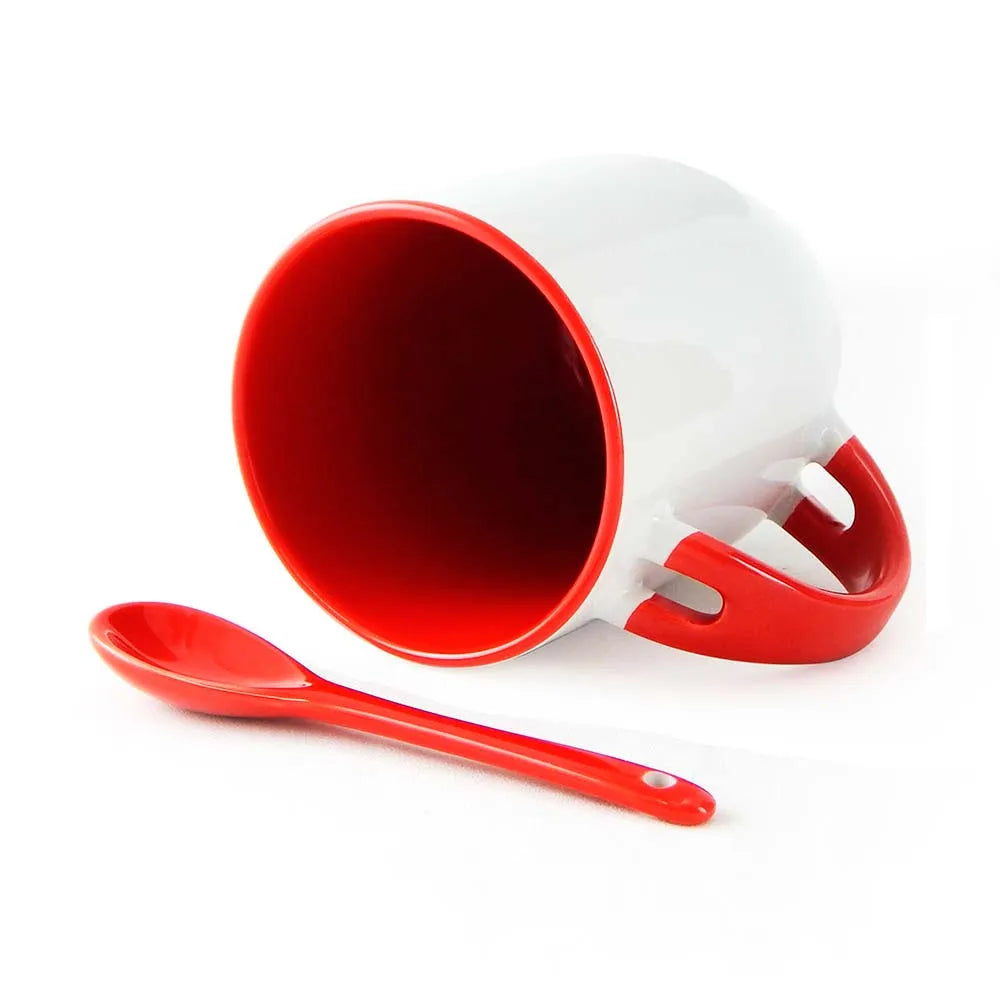 Caneca de Cerâmica 325ml com Colher e Alça Vermelha para Sublimação