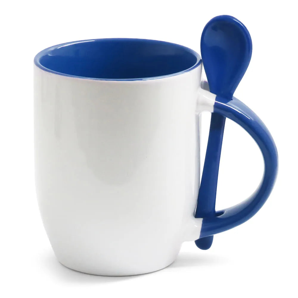 Caneca de Cerâmica Branca 325ml com Colher e Interior Azul para Sublimação