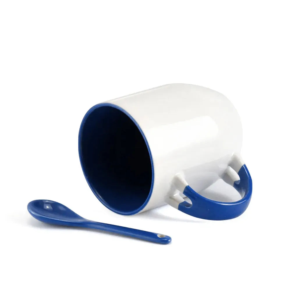 Caneca de Cerâmica Branca 325ml com Colher e Interior Azul para Sublimação