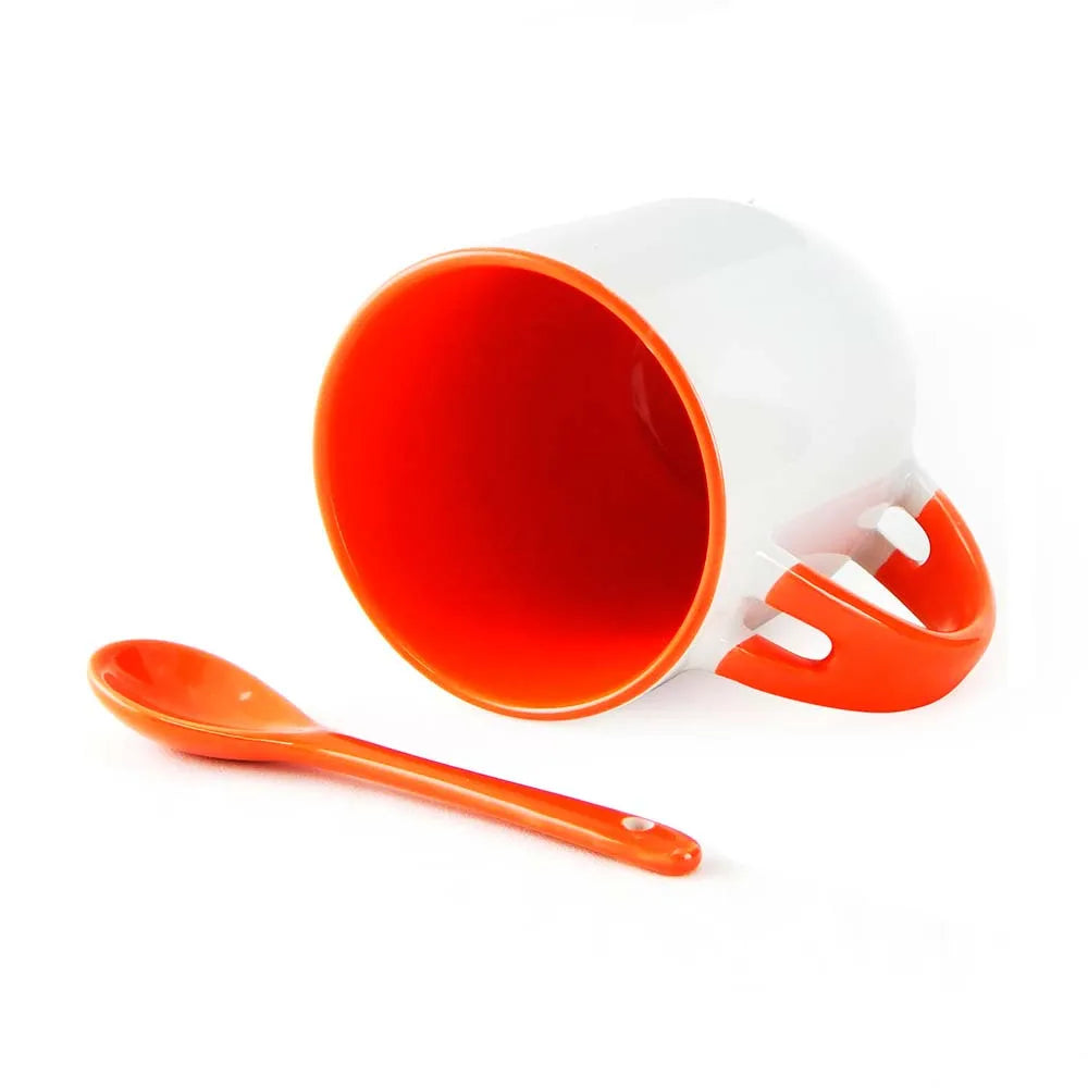 Caneca de Cerâmica 325ml Branco com Colher Laranja para Sublimação LiVE