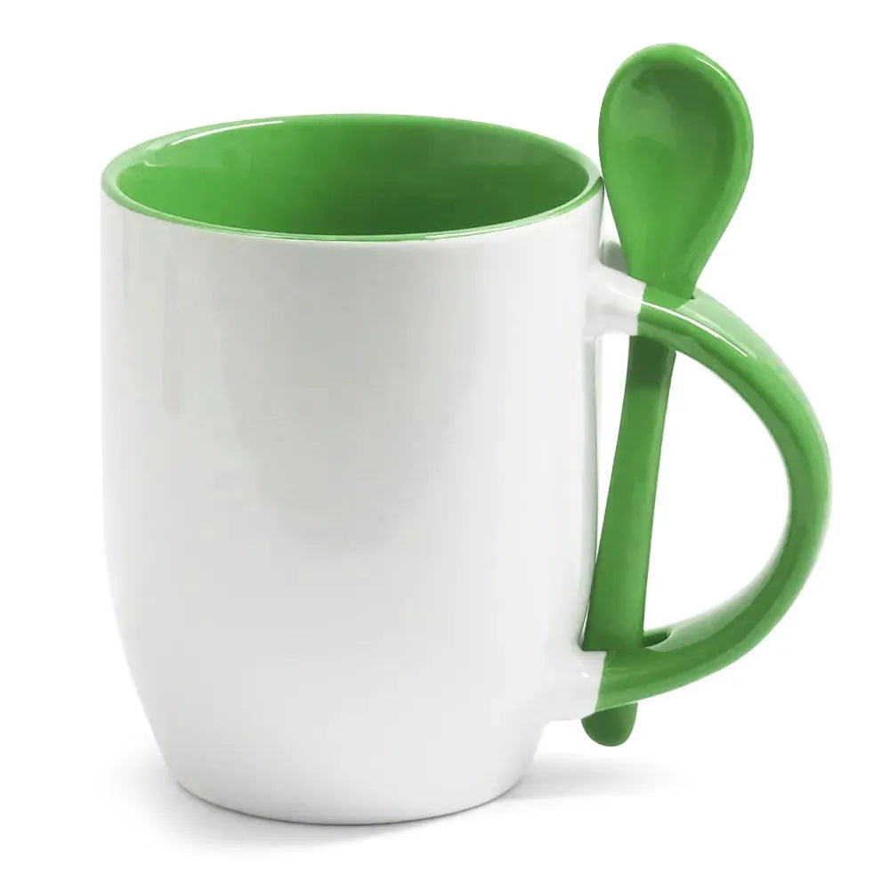 Caneca de Cerâmica 325ml Branca com Interior Verde e Colher para Sublimação