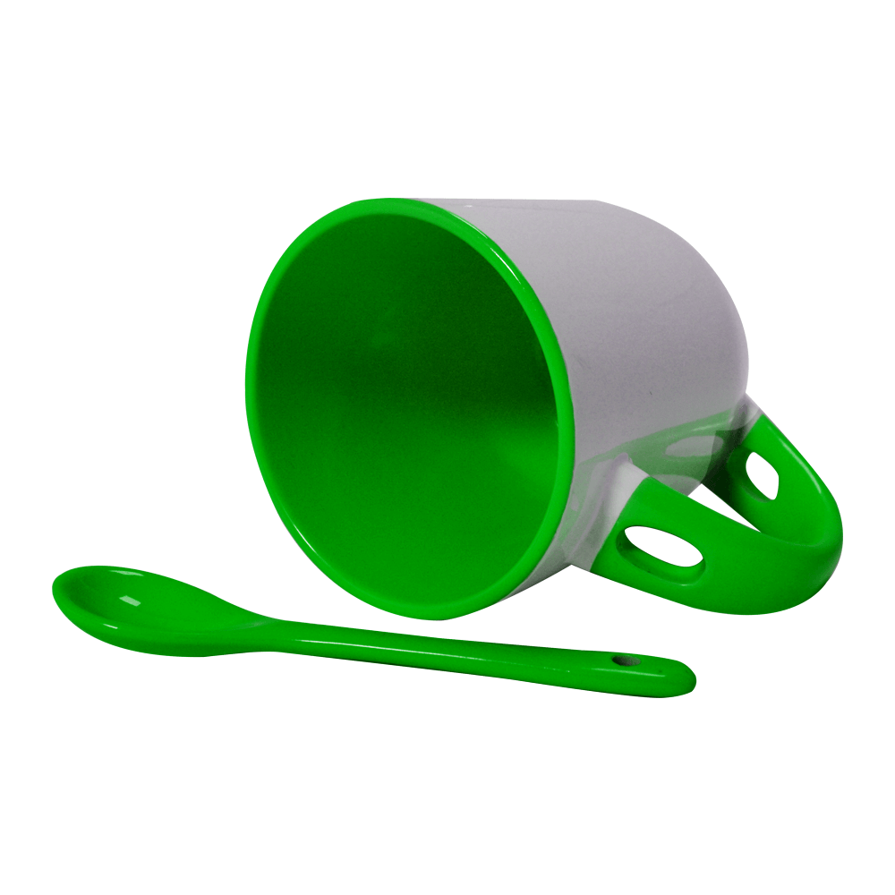 Caneca de Cerâmica 325ml Branca com Interior Verde e Colher para Sublimação