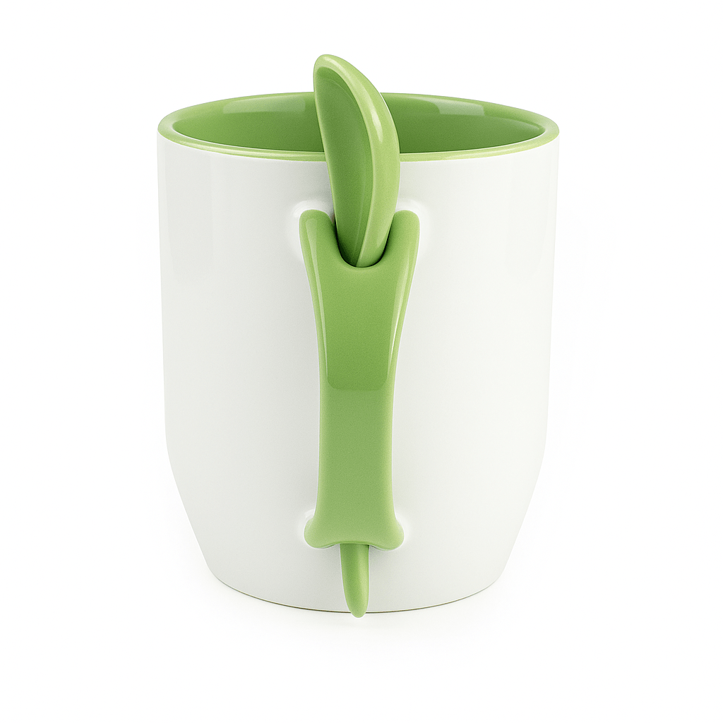 Caneca de Cerâmica 325ml Branca com Interior Verde e Colher para Sublimação