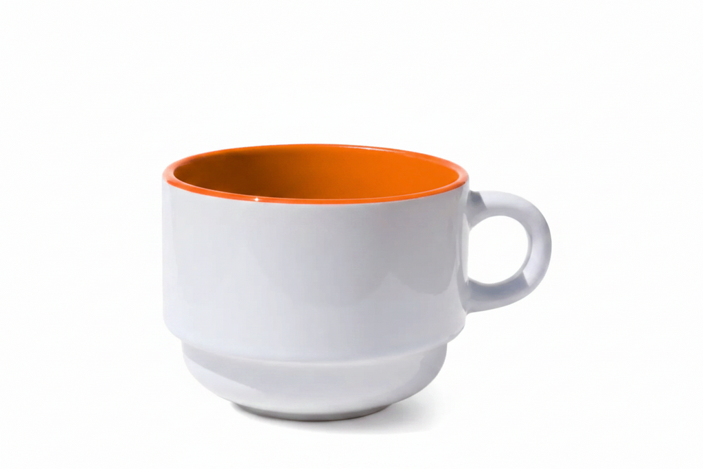 XÍCARA CERÂMICA 150ML P/ SUPORTE METAL BRANCO INTERNA LARANJA