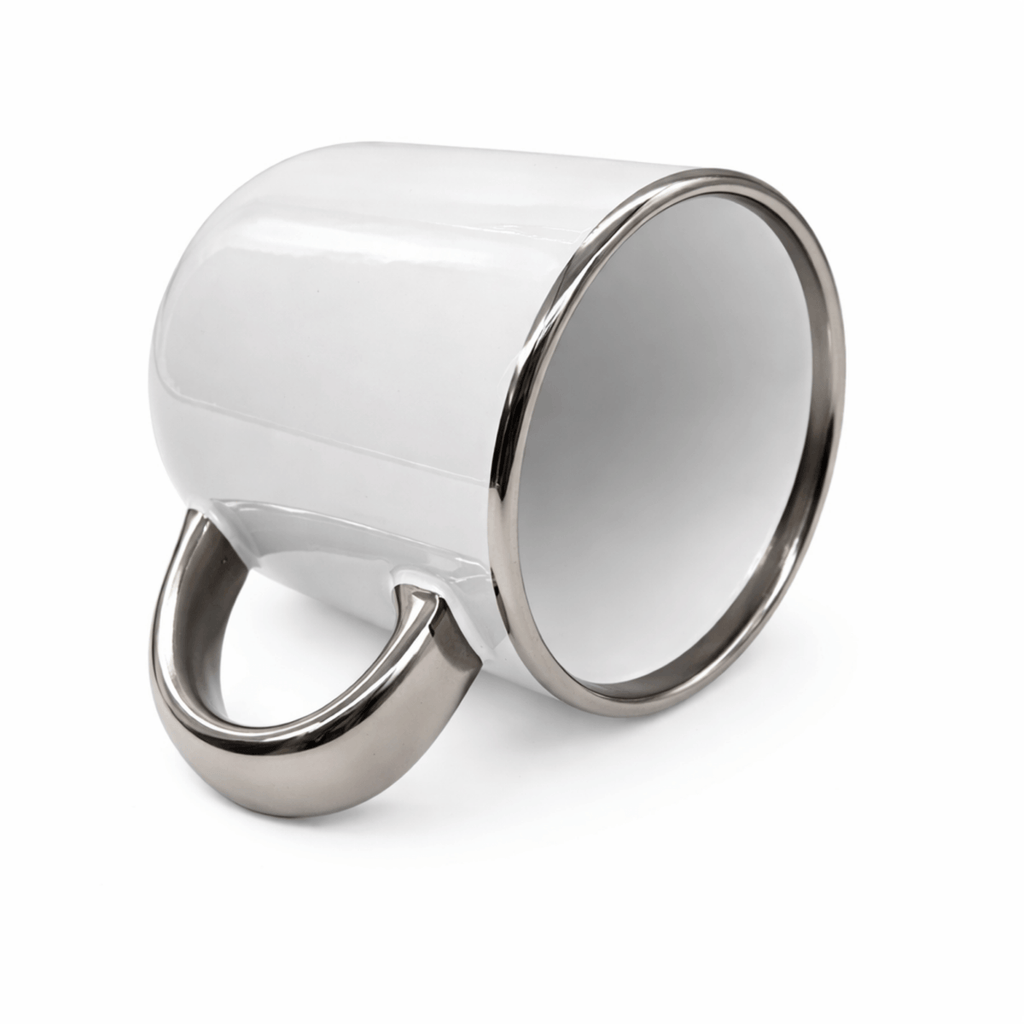 Caneca Cerâmica com Alça e Borda Prata para Personalização - Elegante e Resistente