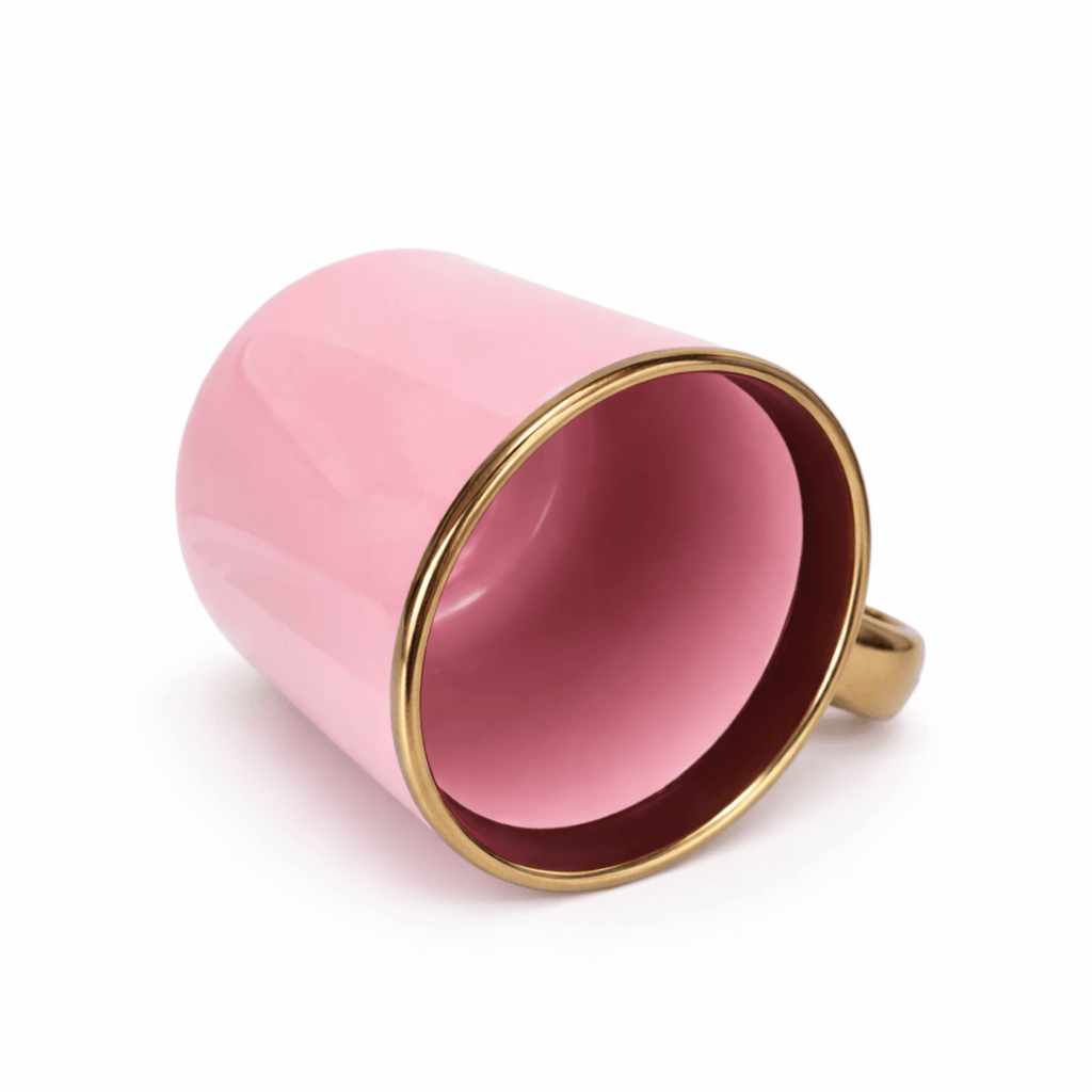 Caneca Cerâmica 400ml Rosa Imperial com Interior e Alça Dourados para Personalização