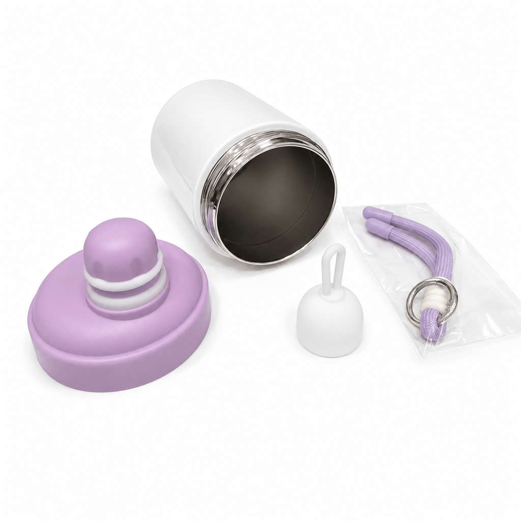 GARRAFA INOX TÉRMICO KAWAII BRANCO 500ML C/ TAMPA SILICONE ROXO