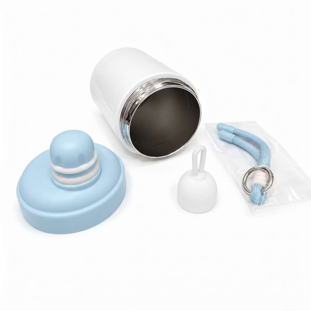 GARRAFA INOX TÉRMICO KAWAII BRANCO 500ML C/ TAMPA SILICONE AZUL