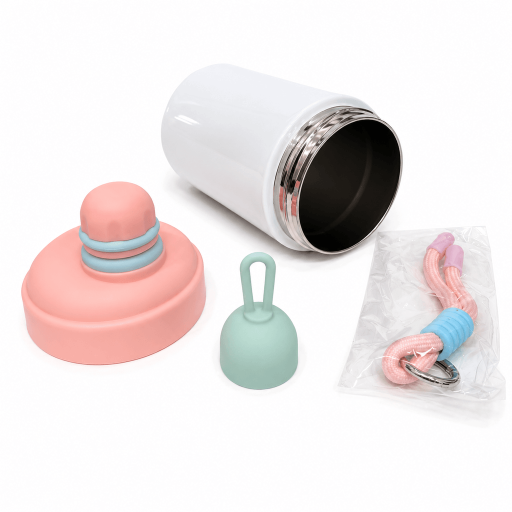 GARRAFA INOX TÉRMICO KAWAII BRANCO 500ML C/ TAMPA SILICONE ROSA