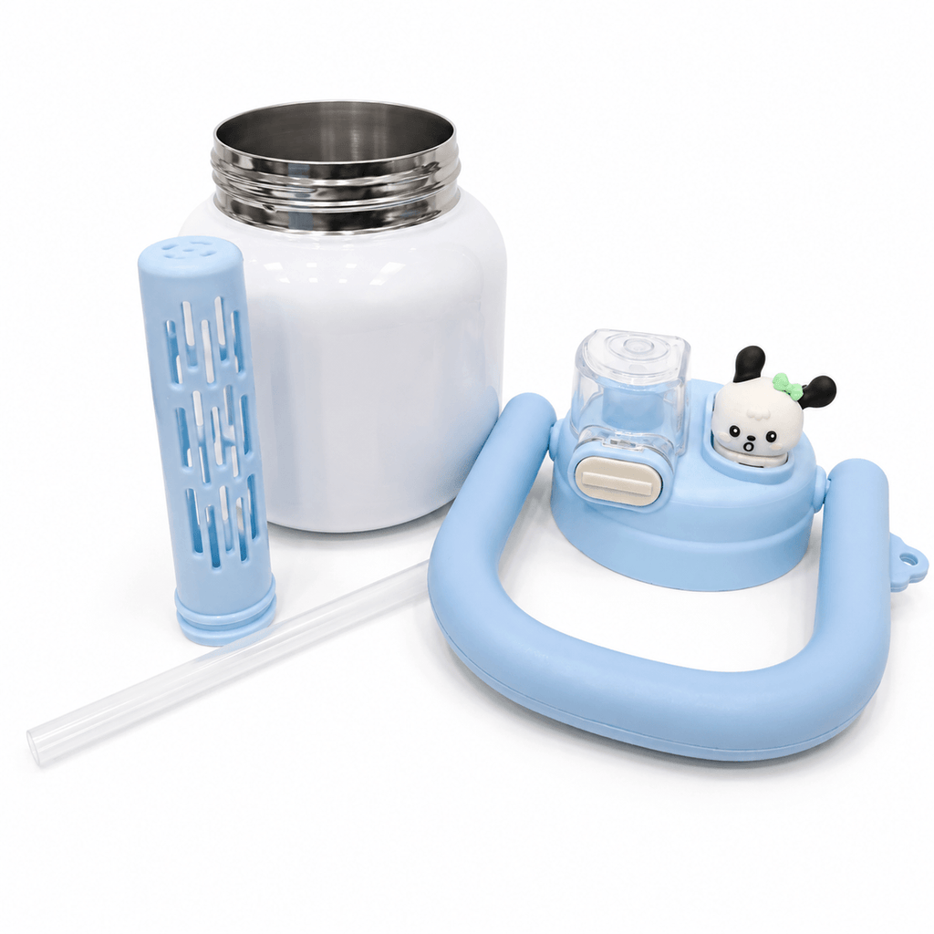 GARRAFA INOX TÉRMICA BABY POP 700ML BRANCA C/ TAMPA AZUL CLARO