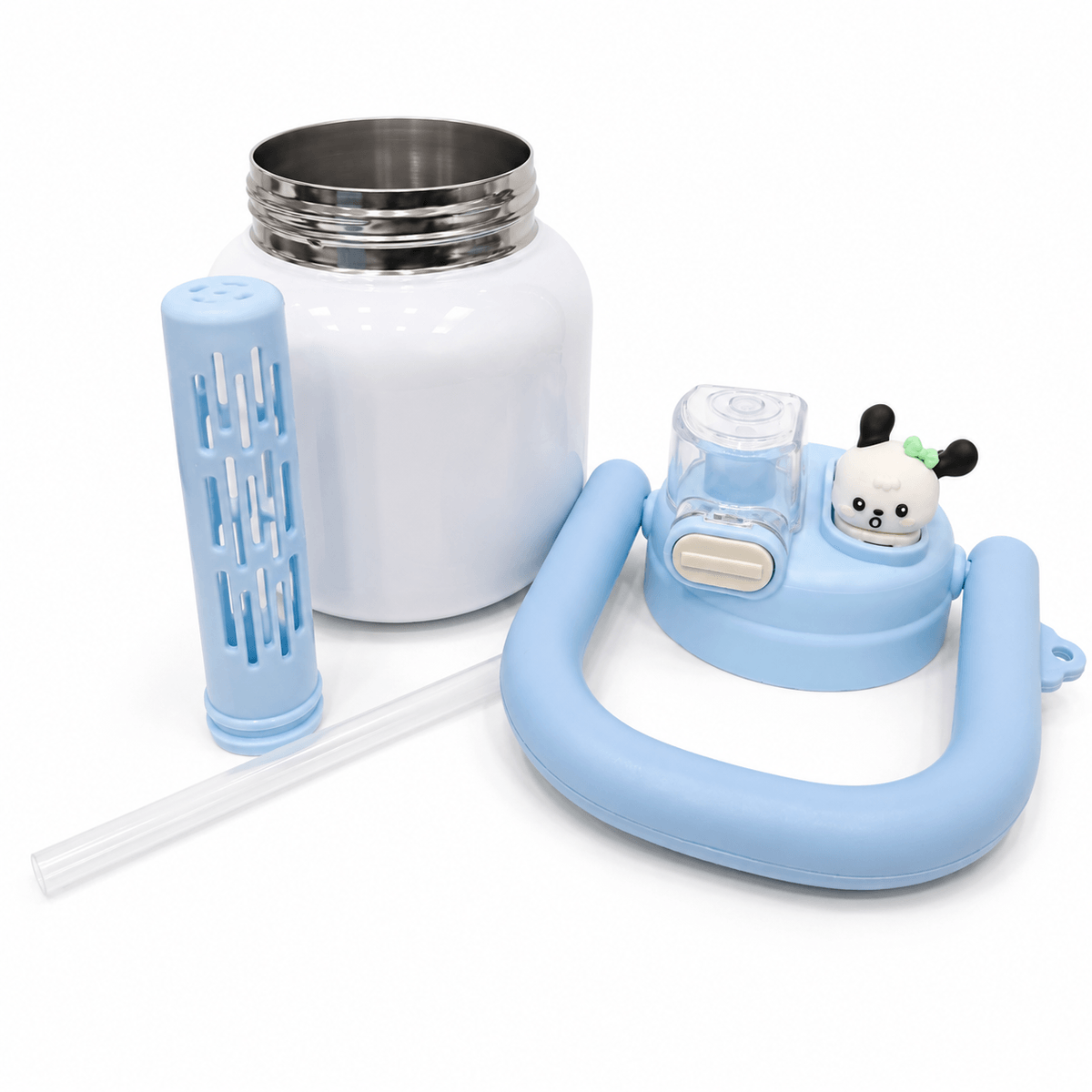 GARRAFA INOX TÉRMICA BABY POP 700ML BRANCA C/ TAMPA AZUL CLARO