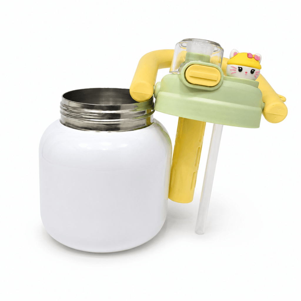 GARRAFA INOX TÉRMICA BABY POP 700ML BRANCA C/ TAMPA AMARELA