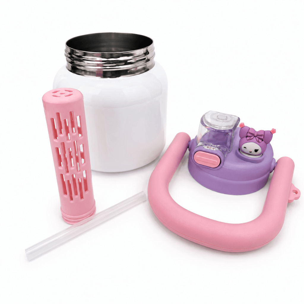 GARRAFA INOX TÉRMICA BABY POP 700ML BRANCA C/ TAMPA ROSA E ROXO