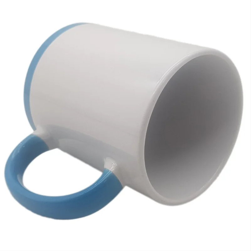 325ml White Ceramic Mug with Light Blue Handle and Base for Sublimation