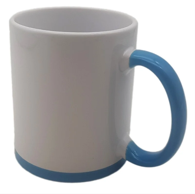 325ml White Ceramic Mug with Light Blue Handle and Base for Sublimation