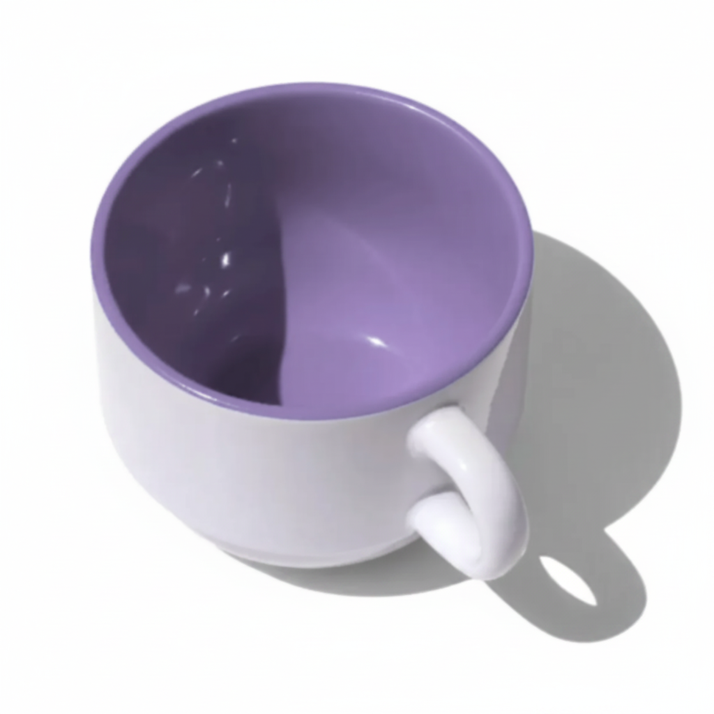 XÍCARA CERÂMICA 150ML P/ SUPORTE METAL BRANCO INTERNA LILÁS