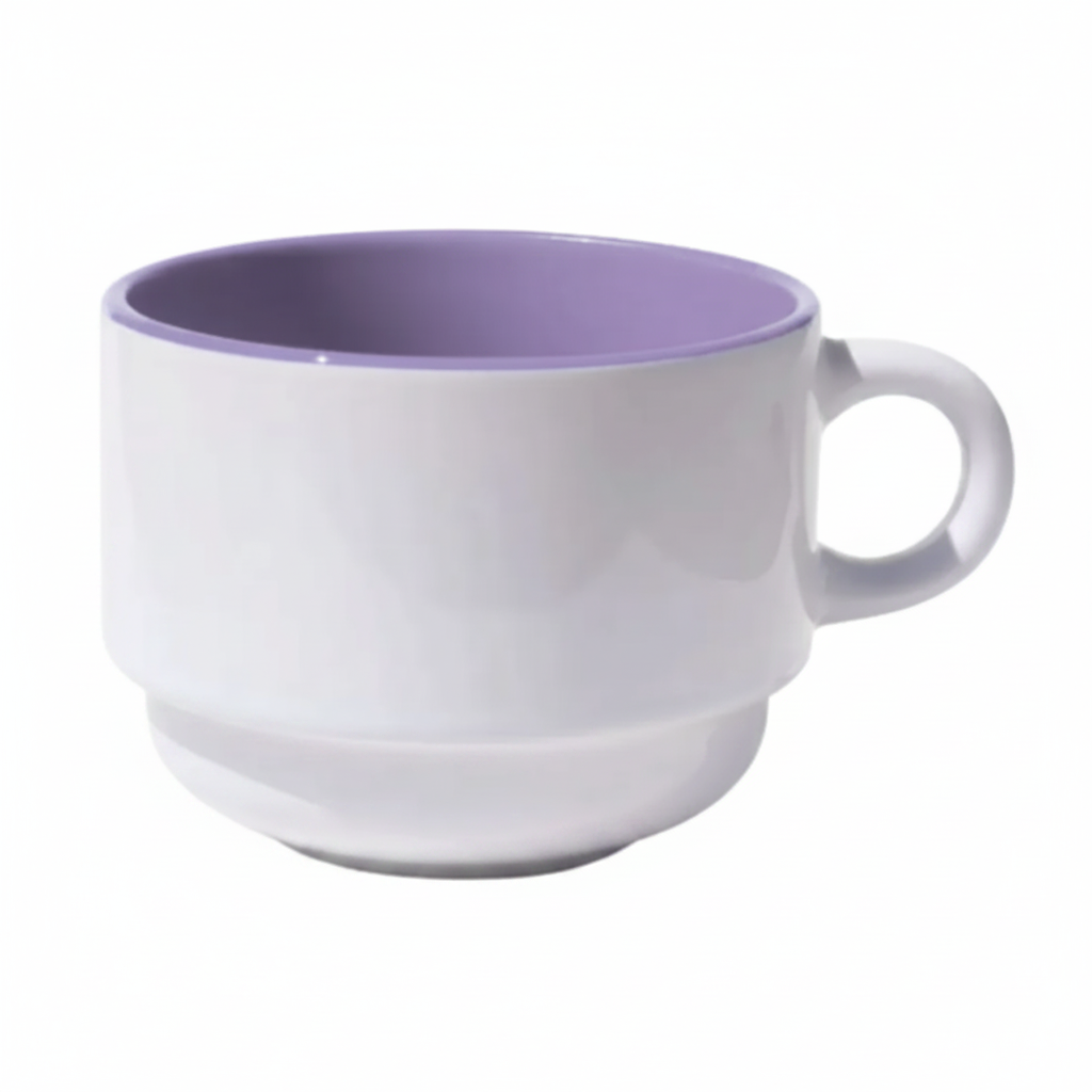 XÍCARA CERÂMICA 150ML P/ SUPORTE METAL BRANCO INTERNA LILÁS
