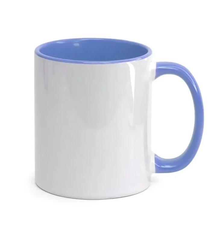 Caneca de Cerâmica Branca 325ml com Interior e Alça Azul para Sublimação