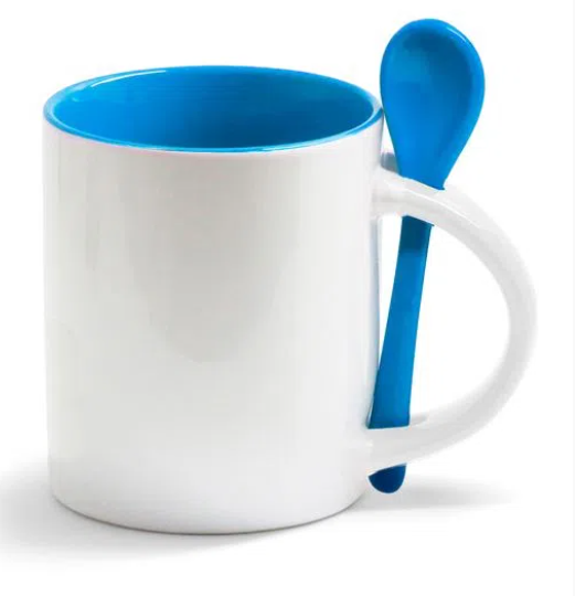 Caneca Reta de Cerâmica Branca 325ml com Colher Azul para Sublimação