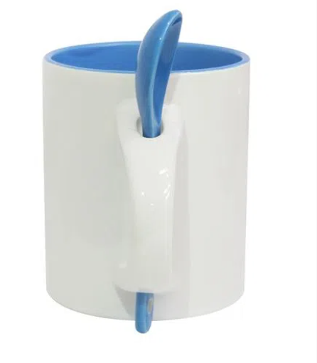 Caneca Reta de Cerâmica Branca 325ml com Colher Azul para Sublimação