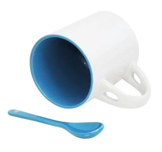 Caneca Reta de Cerâmica Branca 325ml com Colher Azul para Sublimação