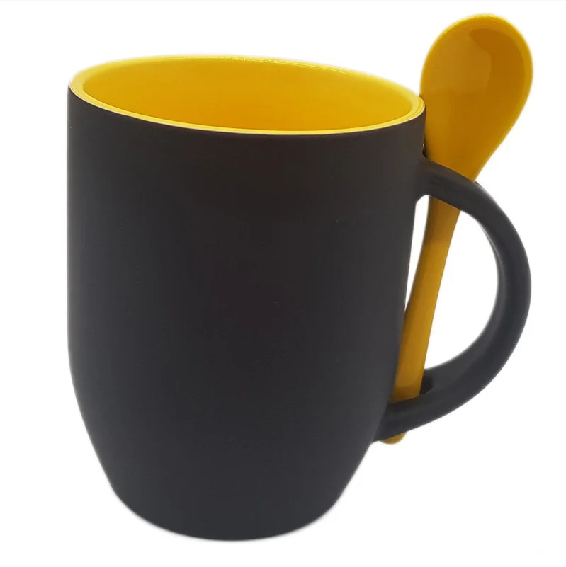 325ml Matte Black Ceramic Mug with Yellow Spoon for Sublimation