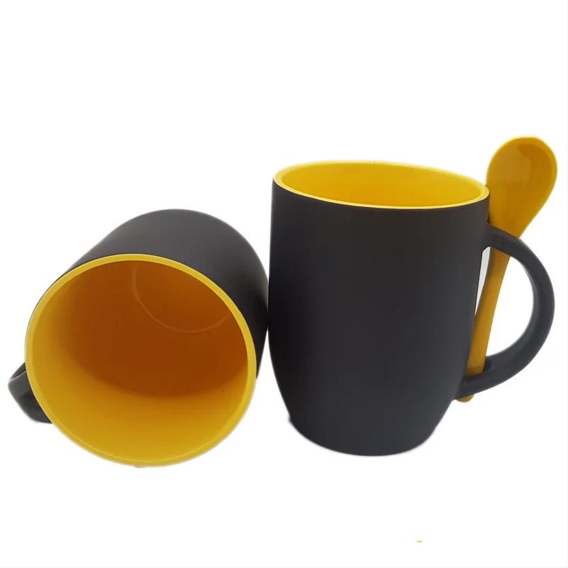 325ml Matte Black Ceramic Mug with Yellow Spoon for Sublimation