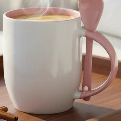 Caneca de Cerâmica Branca 325ml com Colher Rosa para Sublimação