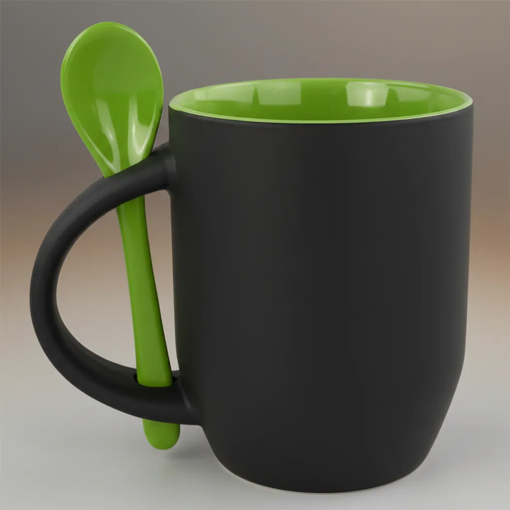 Magic Ceramic Mug 325ml Matte Black with Green Spoon for Sublimation