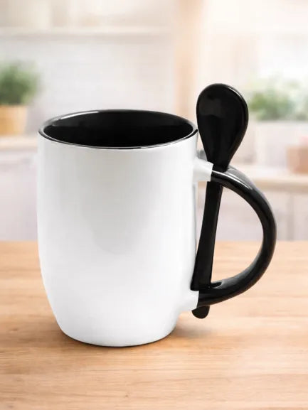 Caneca de Cerâmica Branca 325ml com Interior Preto e Colher para Sublimação