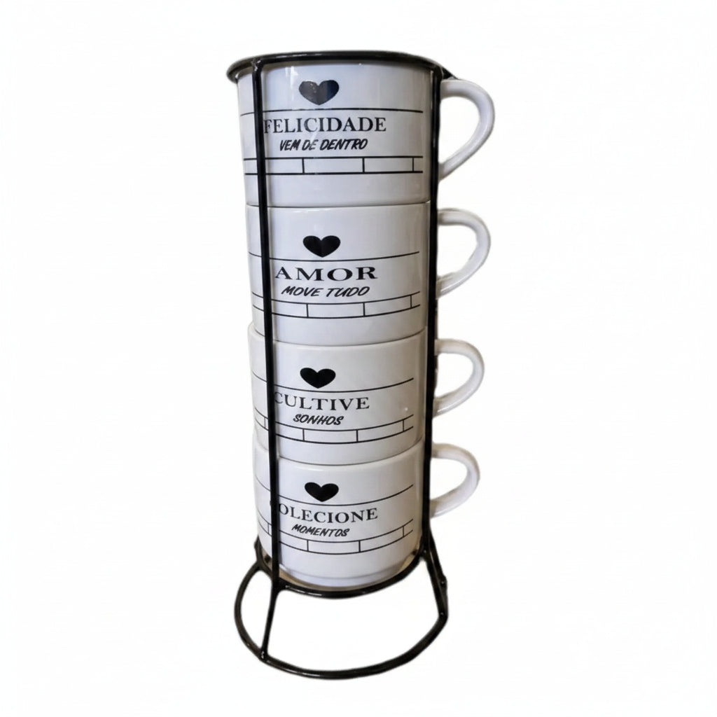 SUPORTE SUNRISE METAL P/ 4 XÍCARAS CERÂMICA 150ML PRETO