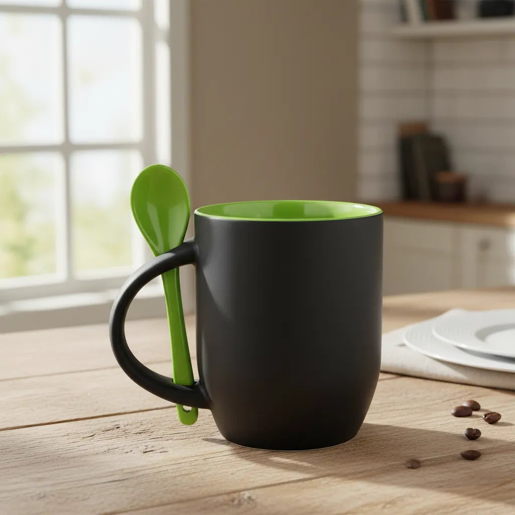 Magic Ceramic Mug 325ml Matte Black with Green Spoon for Sublimation