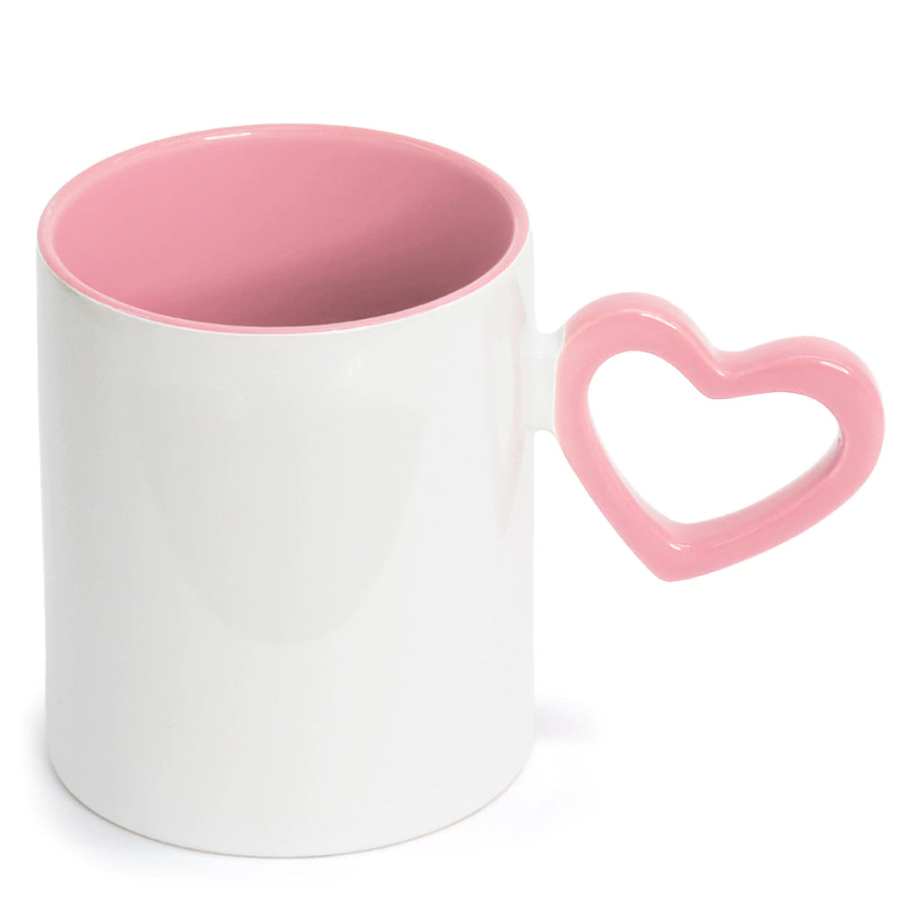 Caneca de Cerâmica 325ml Branca com Interior Rosa e Alça Coração para Sublimação