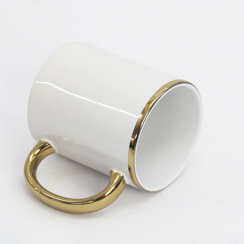 Caneca Cerâmica Branca 325ml com Alça e Borda Ouro para Sublimação