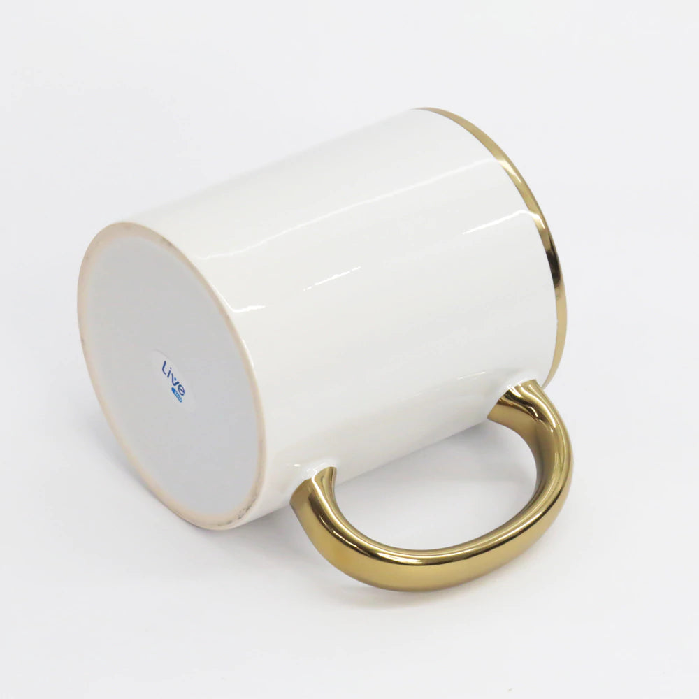 Caneca Cerâmica Branca 325ml com Alça e Borda Ouro para Sublimação